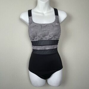 Nike S Black Striped One Piece Swimsuit Mesh Cutout Open‎ Back Athletic Minimal
